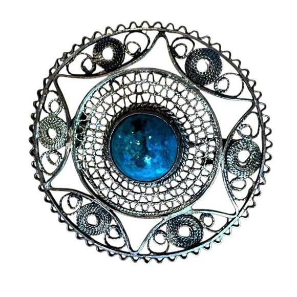 Vtg Sterling Silver Turquoise Filigree Round Shape Pin Brooch 1 5/8” - Picture 4 of 5